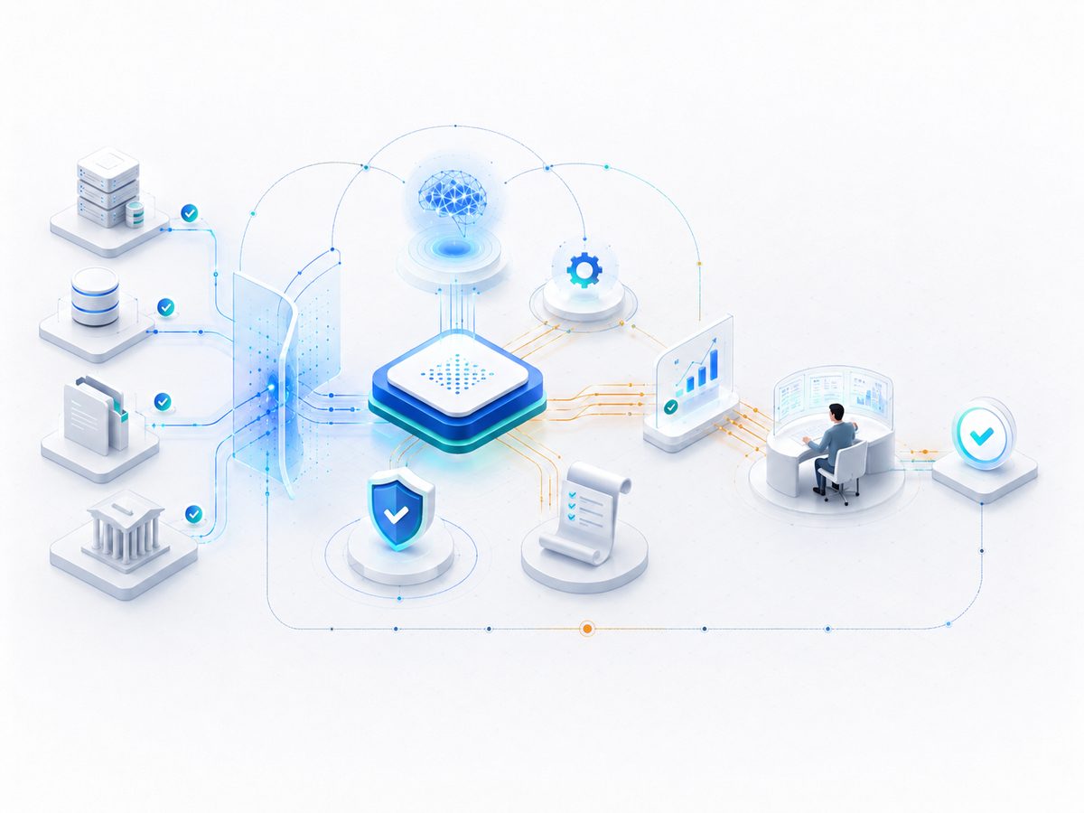 Governed AI flow showing verified data inputs, automated processing, controls, audit and a human approval point.