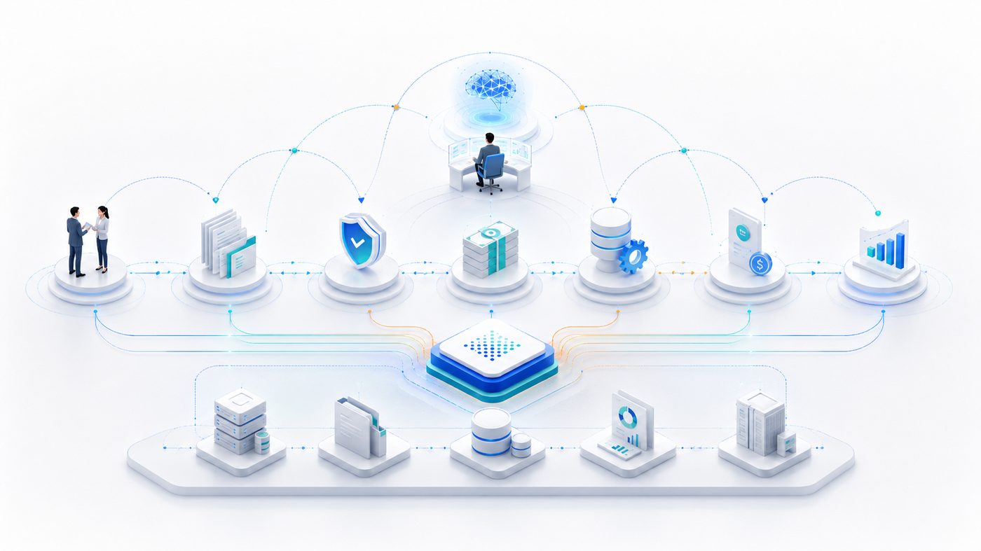 Connected lending flow from intake and documents through decisioning, payout, servicing and reporting, with core systems below and human oversight above.