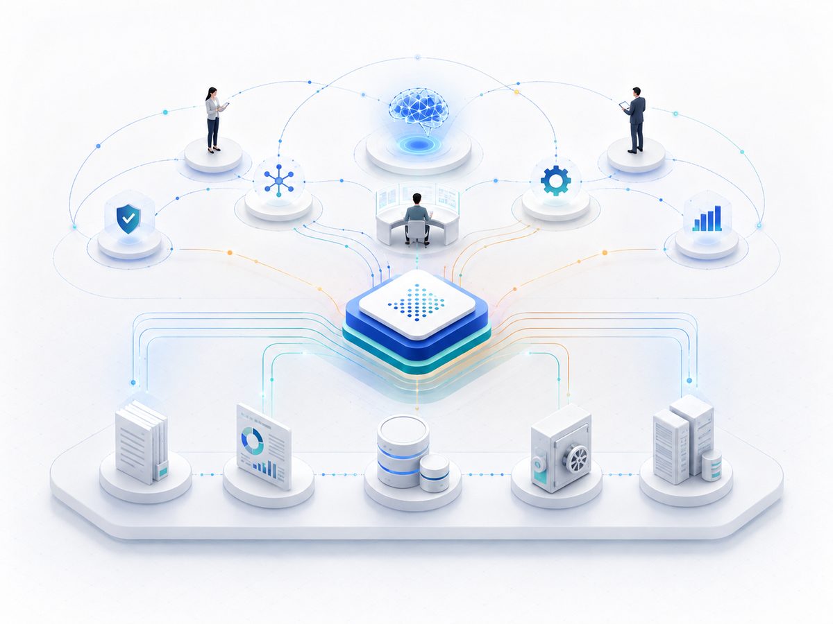 Diagram showing established lending systems connected to a governed intelligence layer through a central orchestration hub.