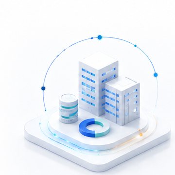 Isometric illustration of buildings and financial data representing asset finance.