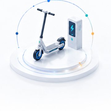 Isometric illustration of an e-scooter and charging point representing mobility finance.